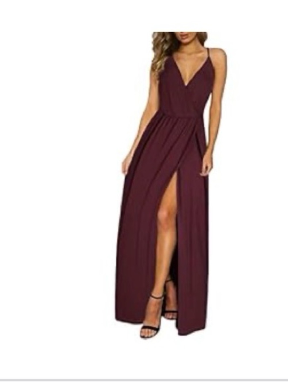 Sleeveless V-Neck Burgundy Maxi Dress with Front Slit
